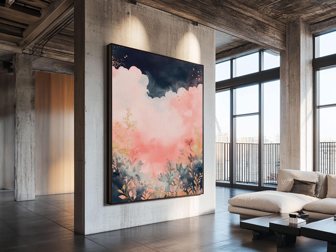 Moody Pink Cloud Sky Dark Botanical Gold Night Landscape Wall Art - Image 6