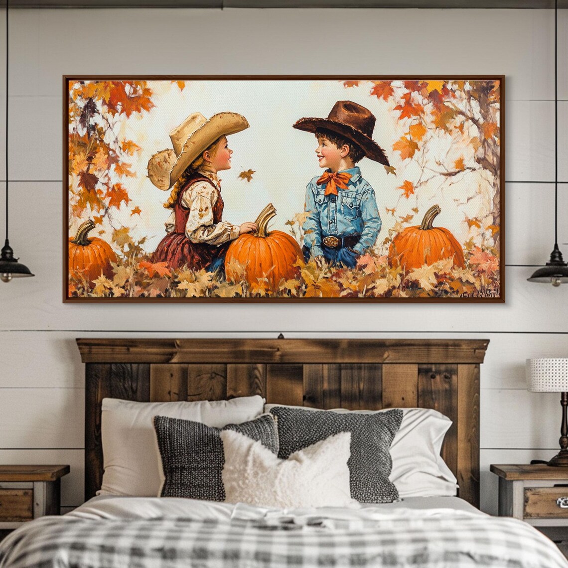 Cowboy Cowgirl Kids In A Pumpkin Patch Vintage Fall Art Print - Image 5