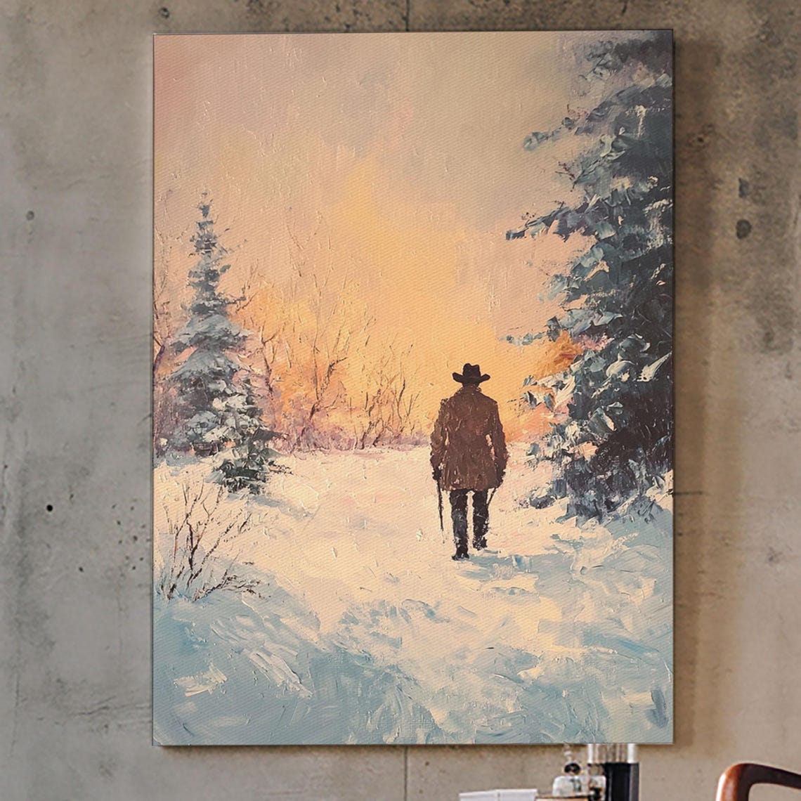 Lone Cowboy Walking Into Snowy Forest Glowing Winter Sunset Poster - Image 4