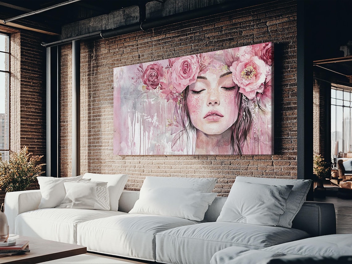 Feminine Goddess Portrait With Pink Roses Watercolor Dreamy Art Poster