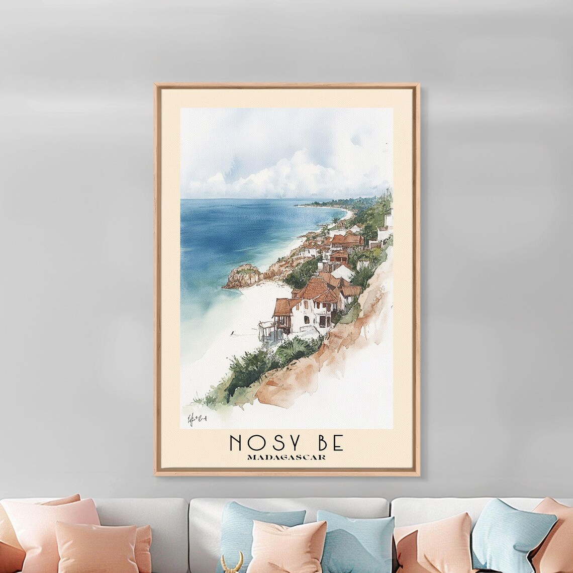 Nosy Be Madagascar Red Roof Coastal Town Cliffside Watercolor Poster - Image 3