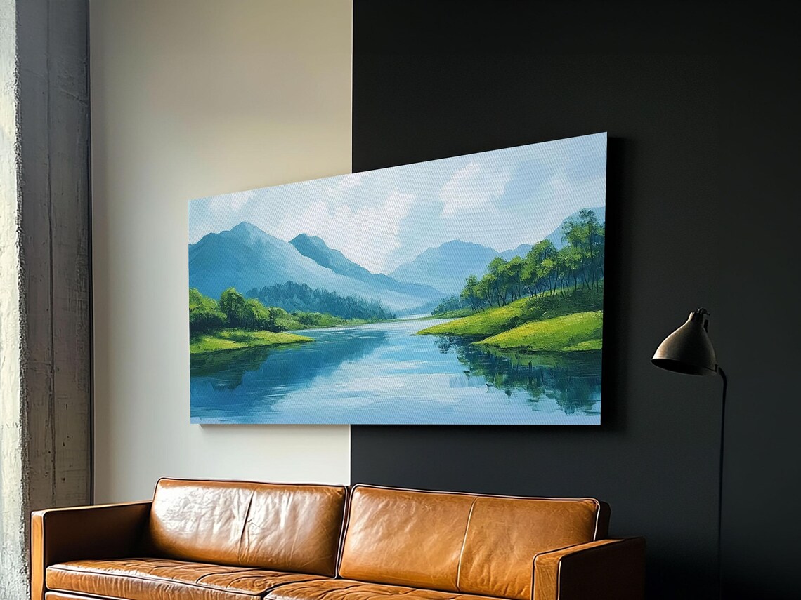 Blue Mountain Lake Misty Peaks Green Valley Calm Water Panoramic Wall Art - Image 6