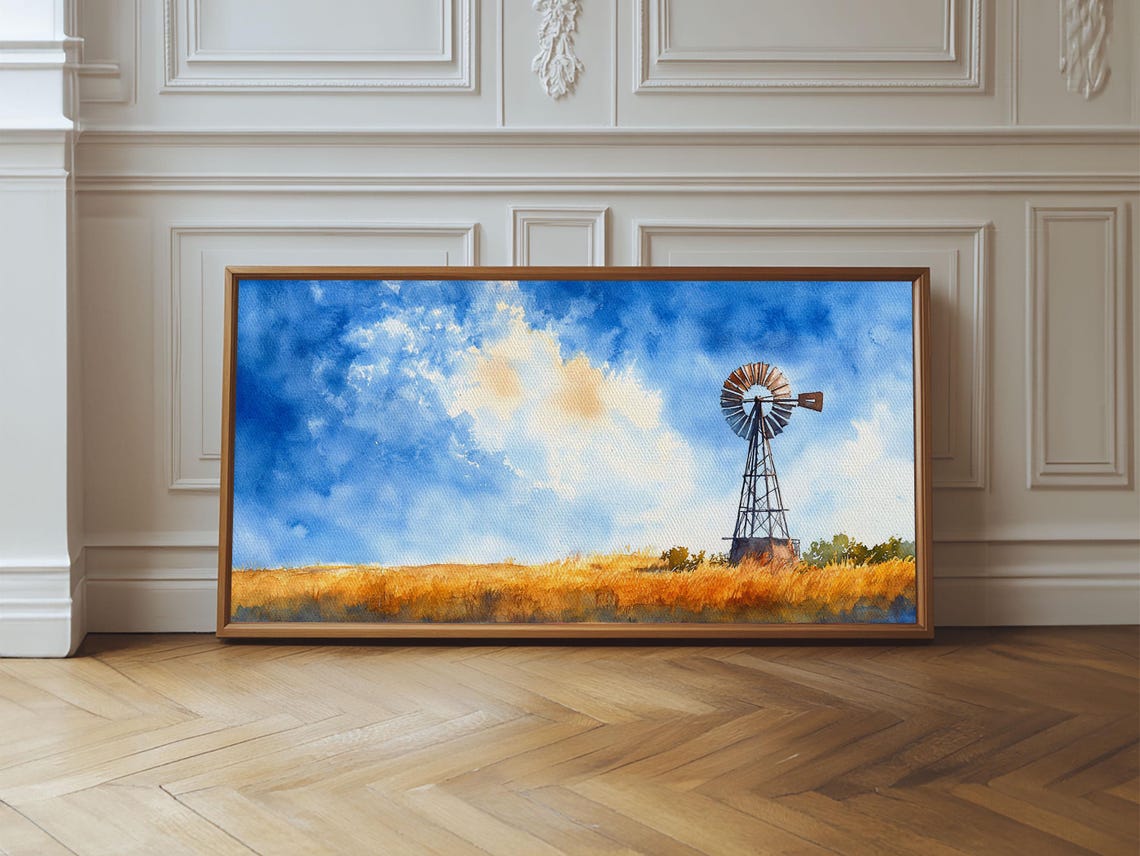 Bright Blue Sky Windmill Framed Print Rustic Farmhouse Art Horizontal Artwork Ideal Above Sofa Unique Living Room Wall Decor - Image 2