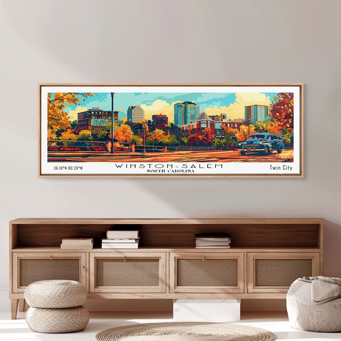 Winston-Salem North Carolina Skyline Vintage Car Autumn Travel Poster - Image 6