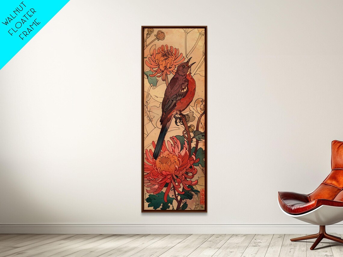 Singing Songbird Among Coral Chrysanthemums Ukiyo E Style Art Poster