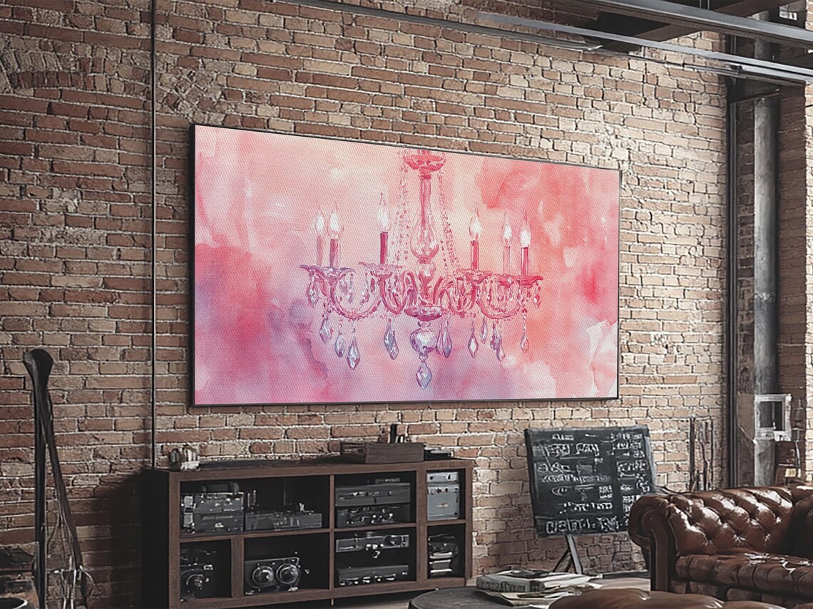Pink Crystal Chandelier Watercolor Painting Elegant Romantic Wall Art Poster - Image 3