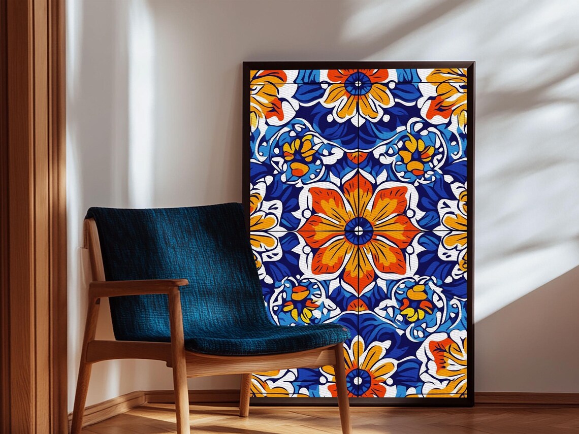 Mexican Talavera Tile Pattern Blue Orange Floral Folk Vibrant Art Poster - Image 4