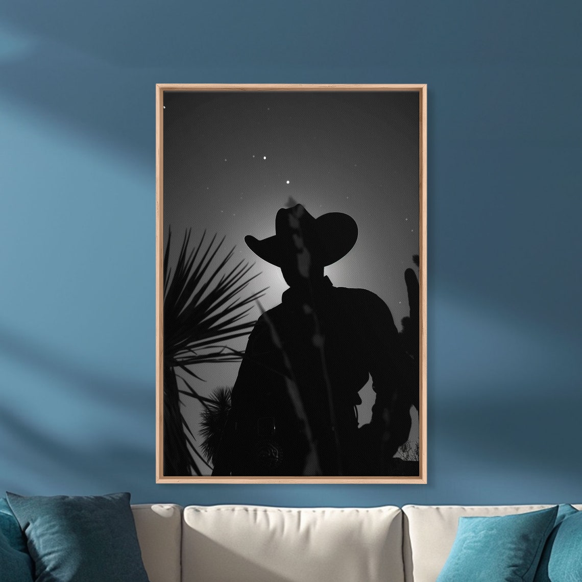 Lone Cowboy Silhouette Under Starry Night Black And White Poster - Image 5
