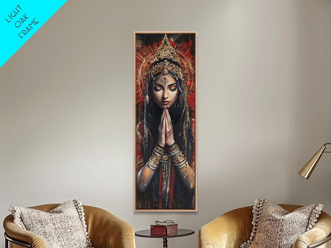 Indian Goddess Prayer Golden Halo Dark Red Ornate Art Poster - Image 6