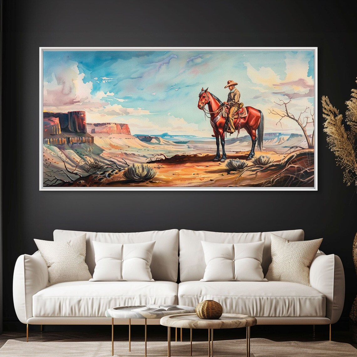 Cowboy on Horse Canyon Overlook Red Rock Western Watercolor Art Poster - Image 2
