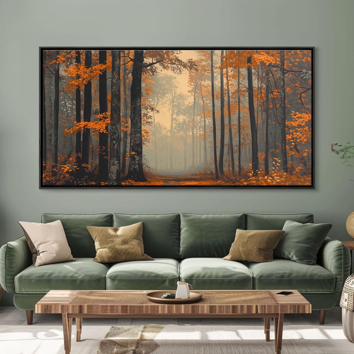 Moody Autumn Forest Tall Trees Orange Canopy Foggy Woods Poster - Image 5