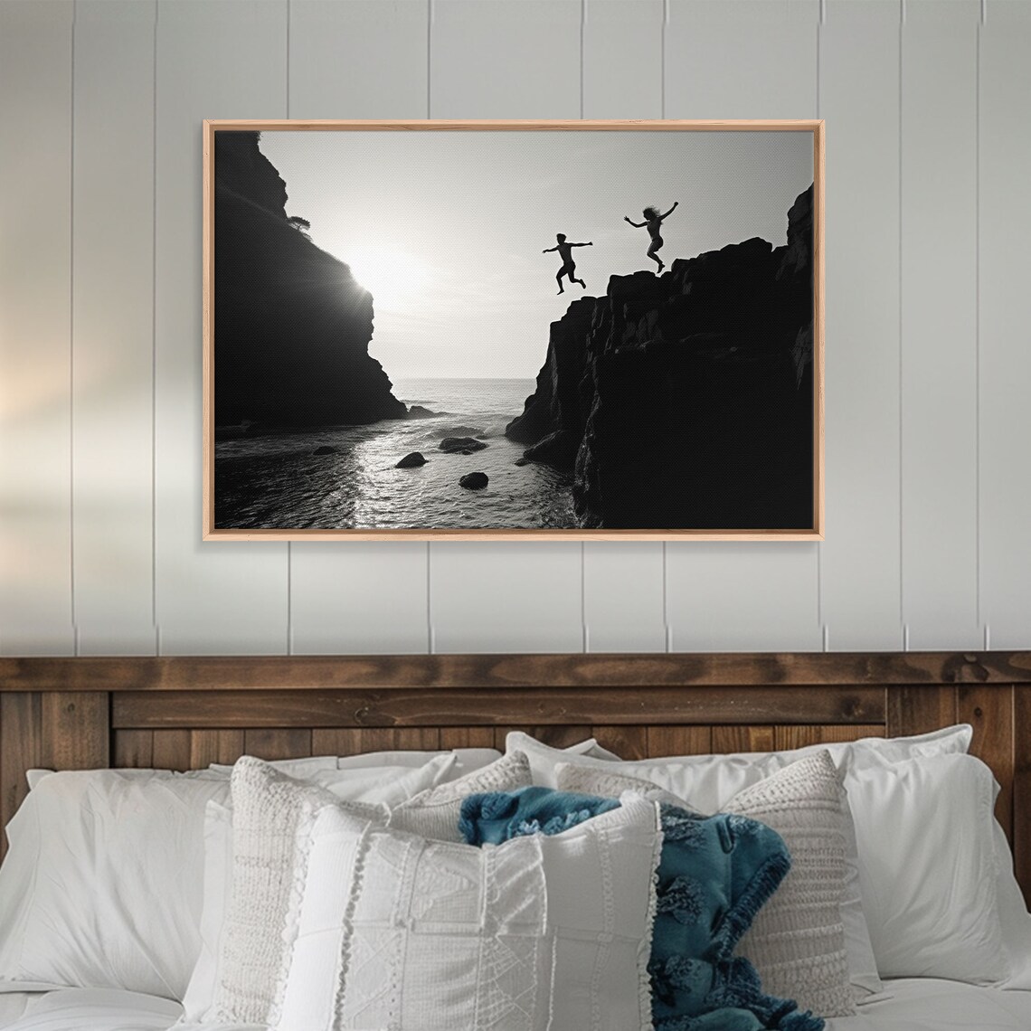 Black And White Cliff Divers Jumping Ocean Dramatic Minimalist Photography Print - Image 3