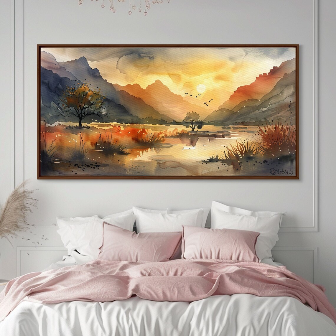 Golden Autumn Marsh Watercolor Mountain Lake Sunset Landscape Poster - Image 2