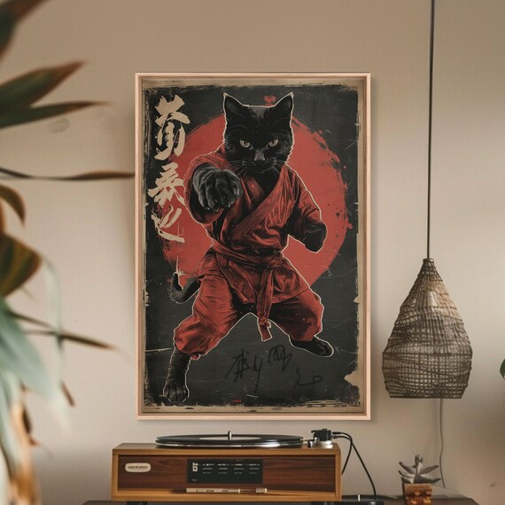 Black Cat Samurai Poster in Red Martial Arts Gi with Red Sun Art
