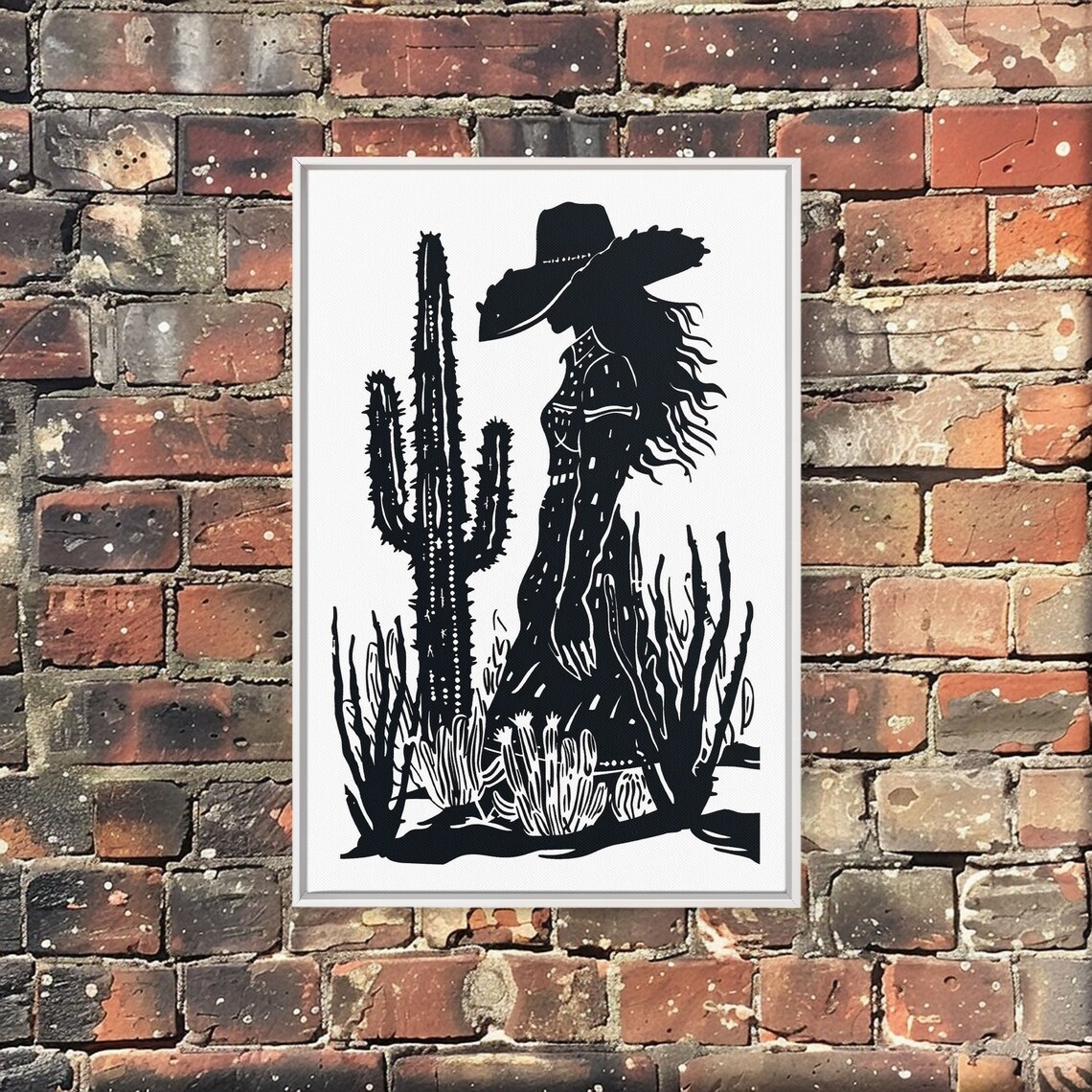 Cowgirl Silhouette Among Desert Cacti Black And White Art Poster - Image 3