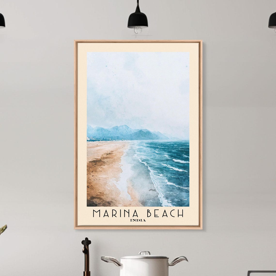 Marina Beach India Long Sandy Shore Rolling Waves Watercolor Poster - Image 6