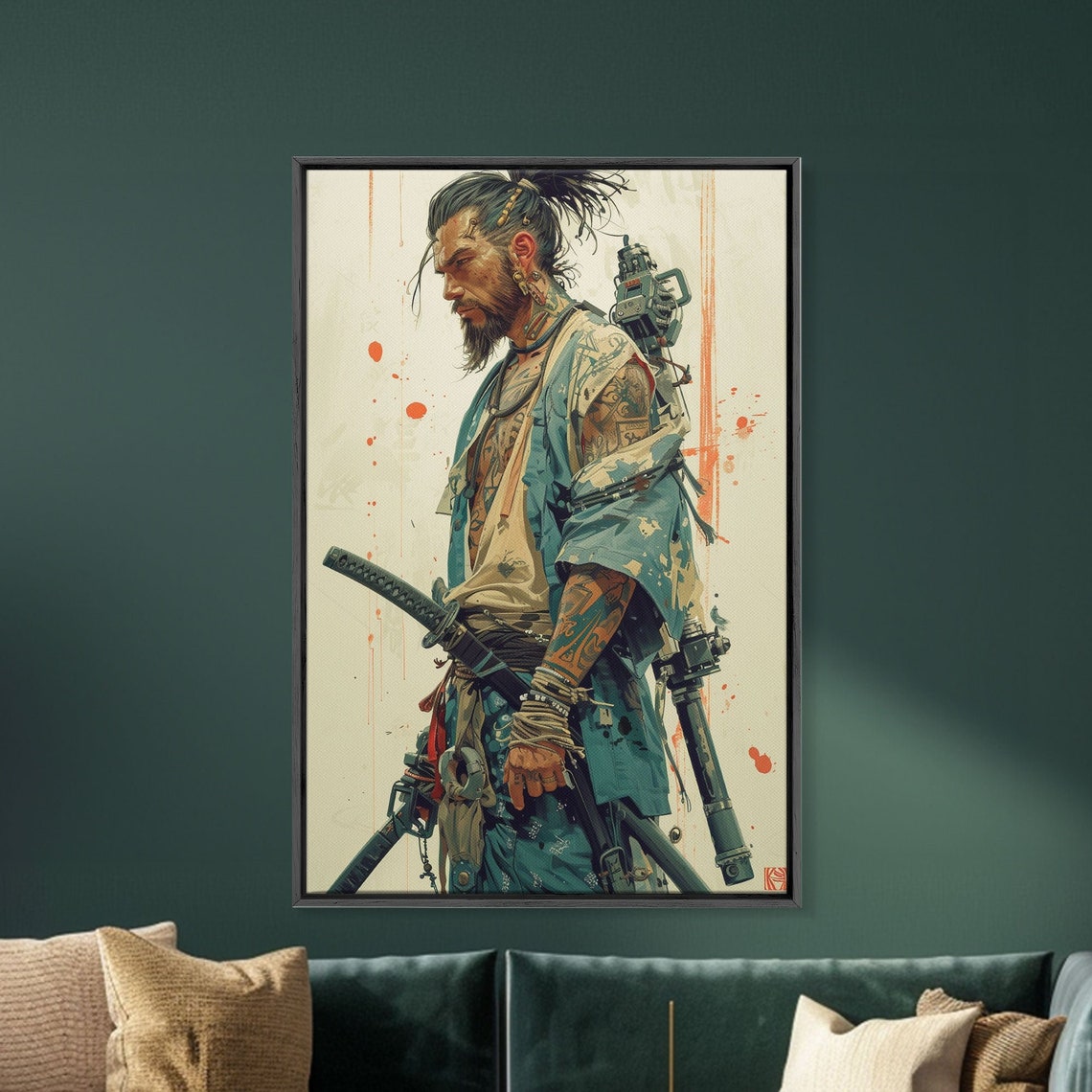 Tattooed Samurai Warrior Katana Ink Splash Japanese Art Print