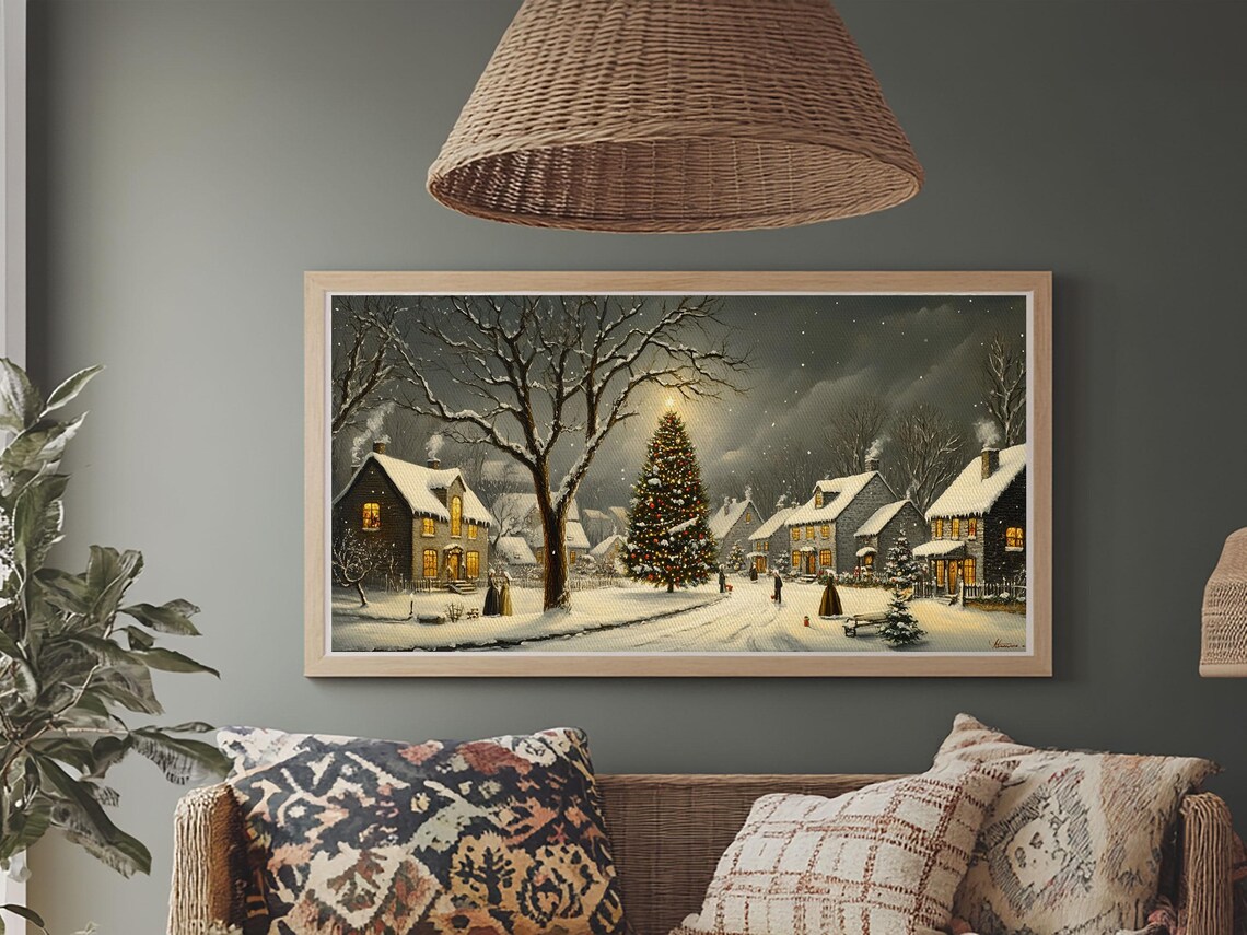 Snowy Christmas Village Night Lit Tree Falling Snow Painting Print - Image 3