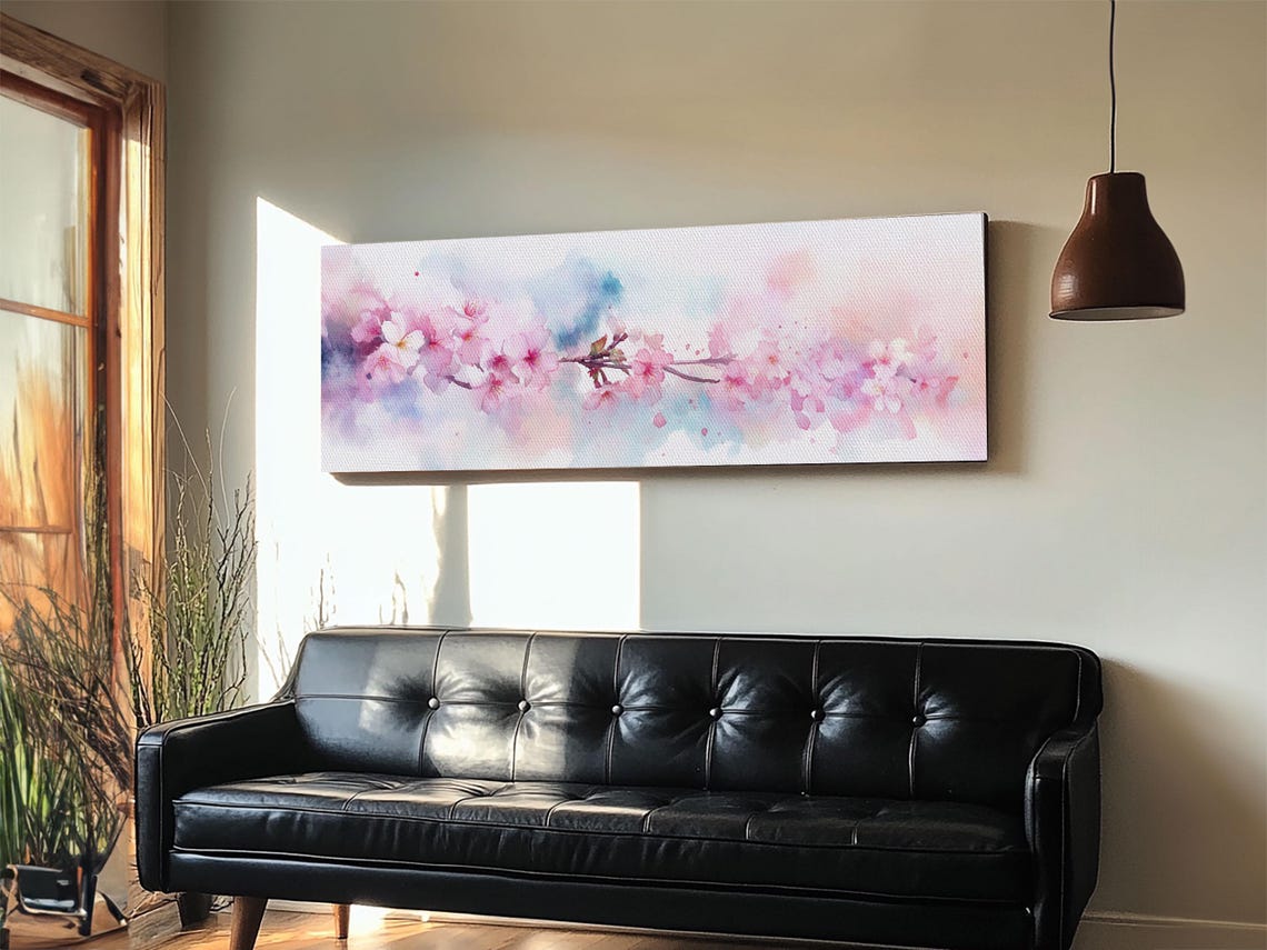 Cherry Blossom Branch Pink Watercolor Ukiyo E Panoramic Wall Poster - Image 2