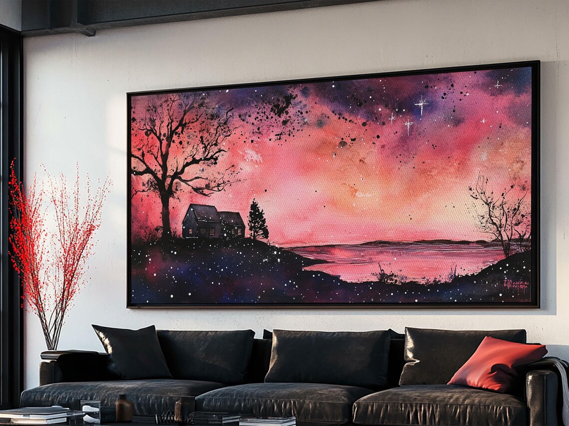 Moody Cottage Lake Dusk Pink Starry Sky Dark Romance Decor Poster - Image 3