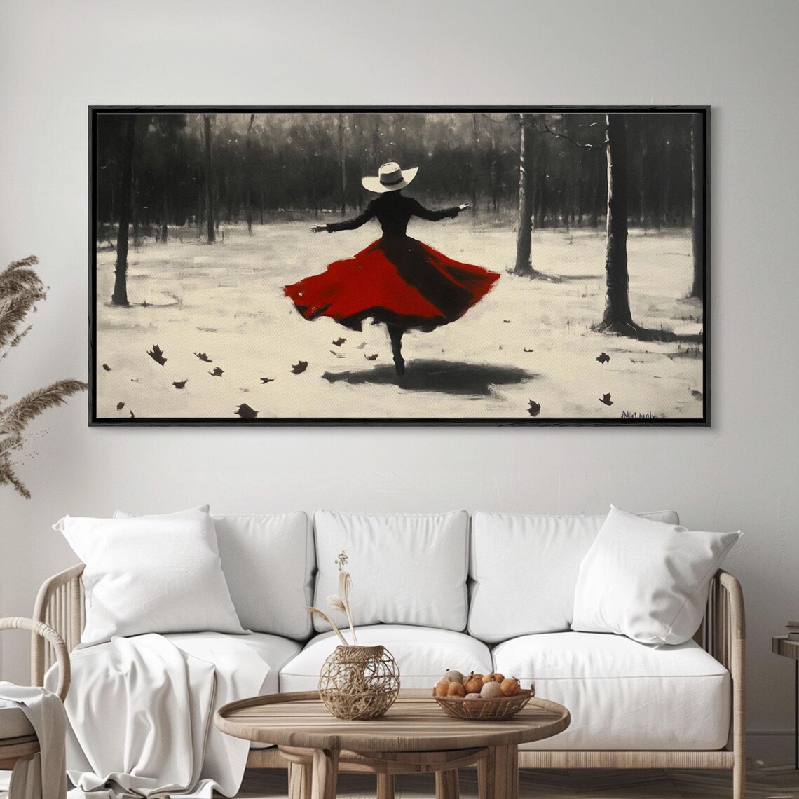 Dancing Cowgirl In Red Dress In Snowy Monochrome Forest Art Poster - Image 2