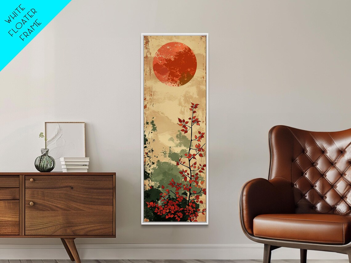 Abstract Coral Sun Over Red Leaf Branch On Vintage Cream Art Poster - Image 4