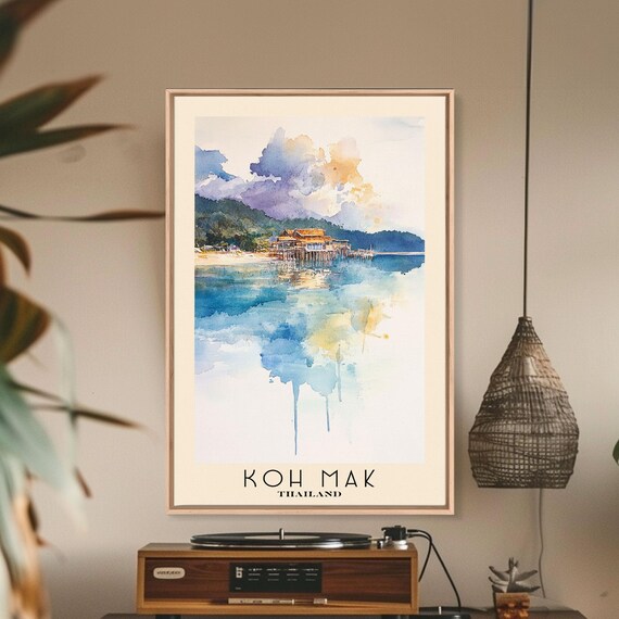 Koh Mak Thailand Stilt Houses Golden Water Reflection Watercolor Poster