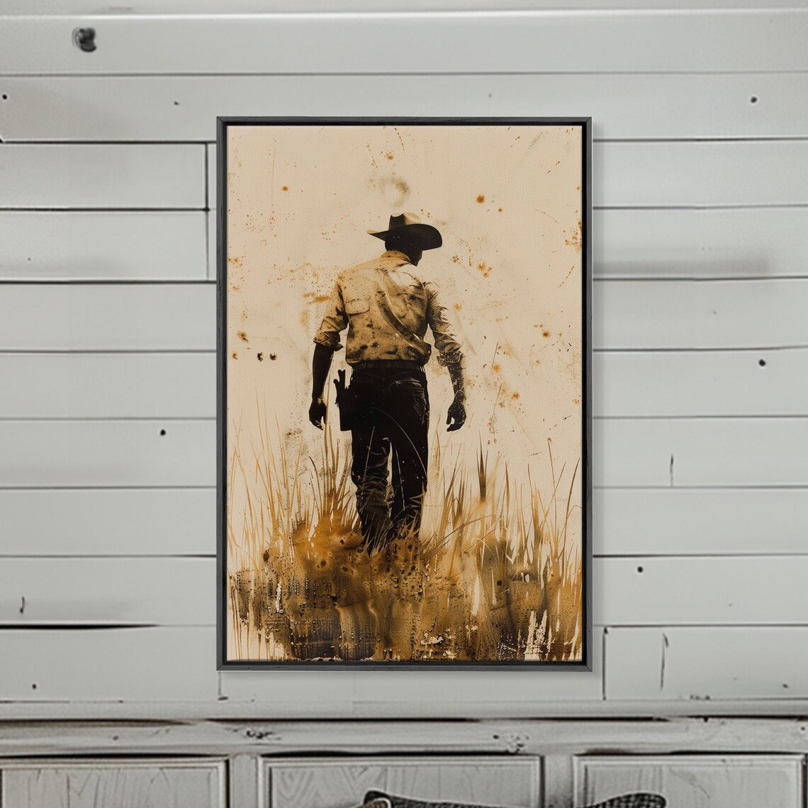 Cowboy Walking Through Field In Sepia Vintage Style Western Art Poster - Image 4