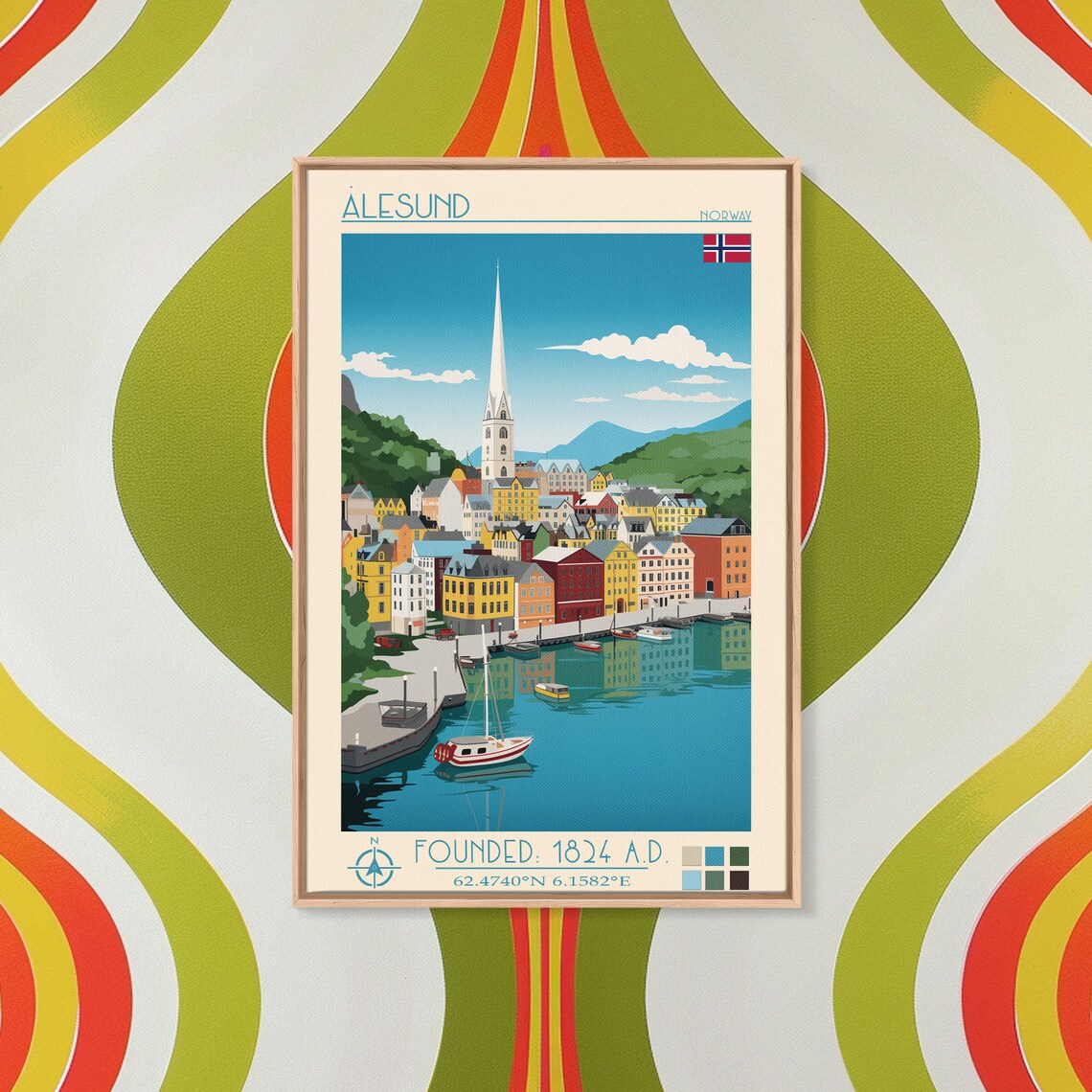 Alesund Norway Colorful Harbor Church Spire View Travel Poster - Image 2