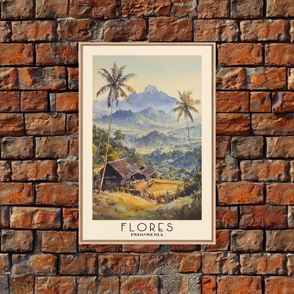 Flores Indonesia Palm Valley Misty Volcano Peaks Watercolor Poster - Image 5