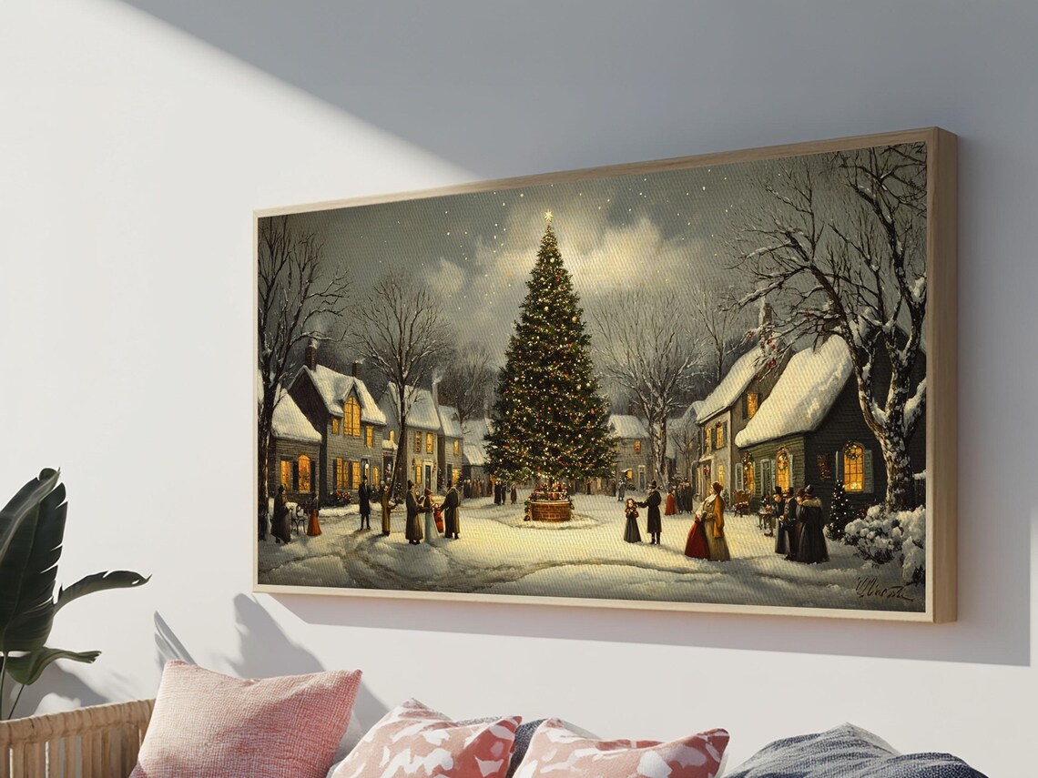 Christmas Village Dusk Snowy Street Big Lit Tree Oil Painting Print - Image 2
