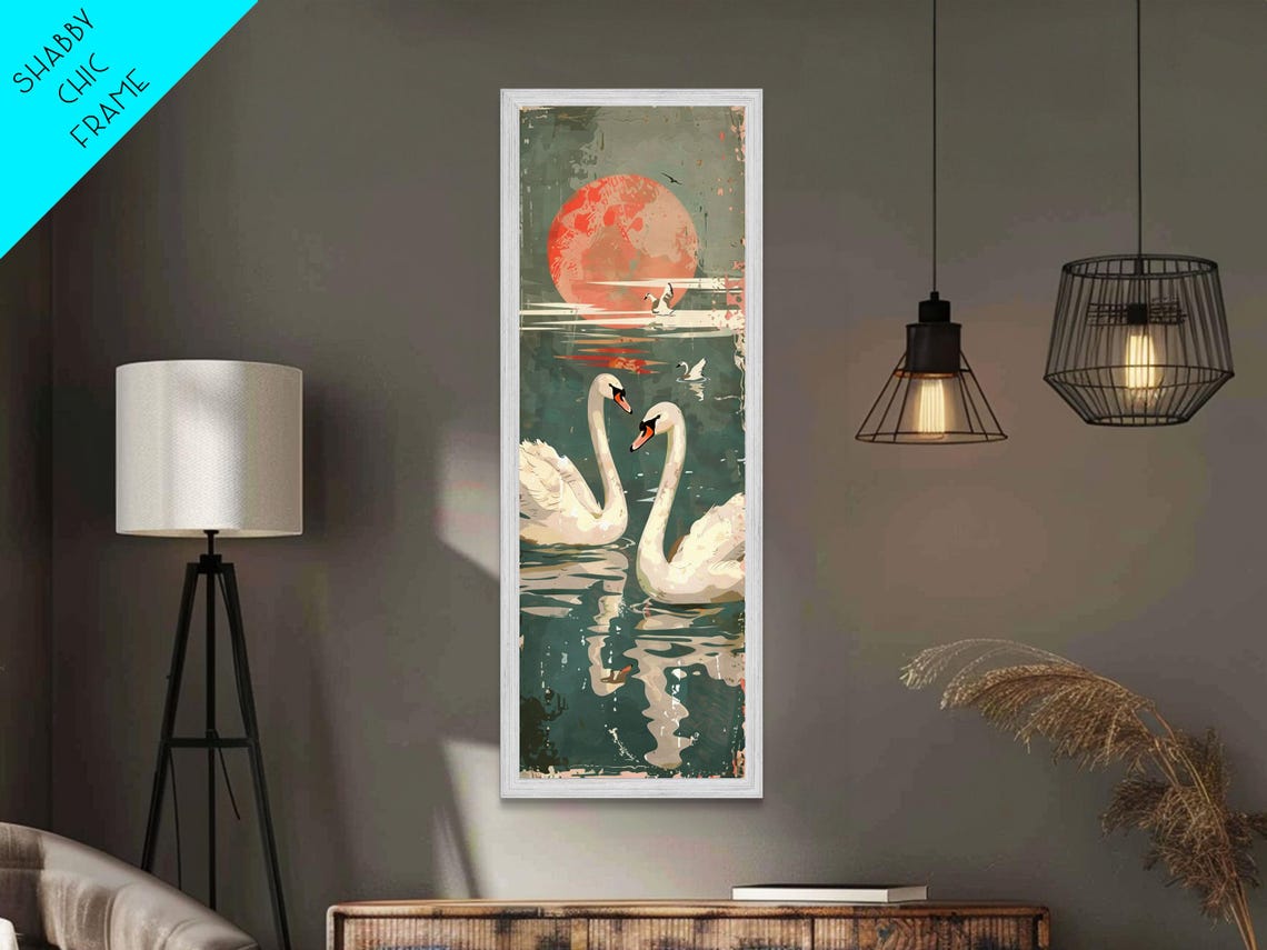 Two White Swans On Lake Beneath Red Sun Vintage Japanese Wall Art - Image 4