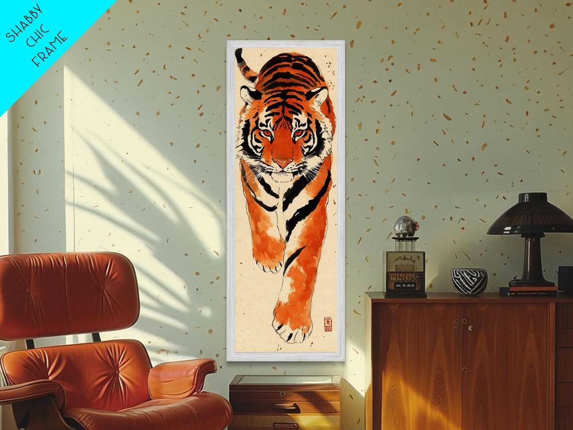 Bold Orange Tiger Striding Forward Intense Gaze Ink Watercolor Art Poster - Image 4