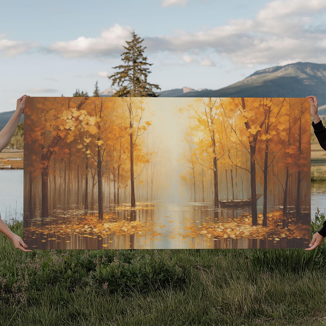 Golden Autumn Forest Flooded Leaves Misty Lake Painting Wall Art