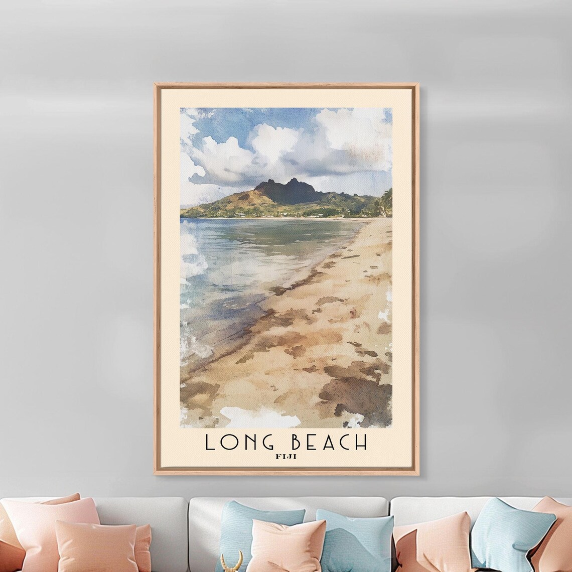 Long Beach Fiji Sandy Shore Calm Sea Mountain View Watercolor Poster - Image 3