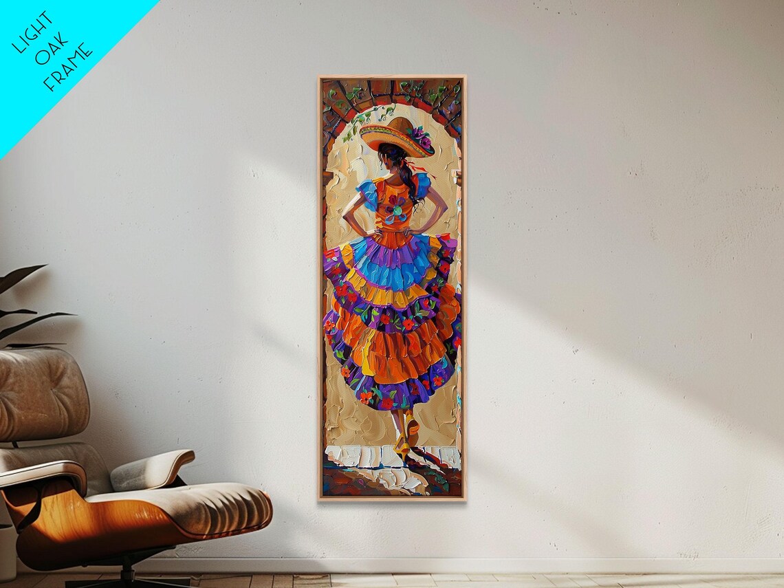 Mexican Dancer In Colorful Ruffled Dress And Sombrero Impasto Wall Art