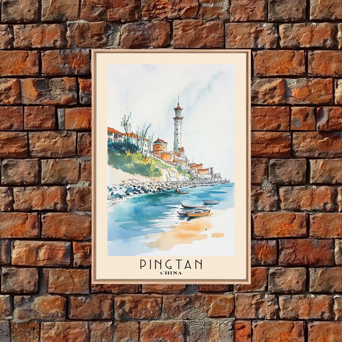 Pingtan China Coastal Village Lighthouse Tower Boats Harbor Travel Poster - Image 4