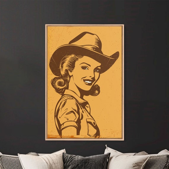 Smiling Retro Cowgirl In Hat Illustration Framed Print Vintage Western Art Retro Cowgirl Wall Art For Bedroom Decor