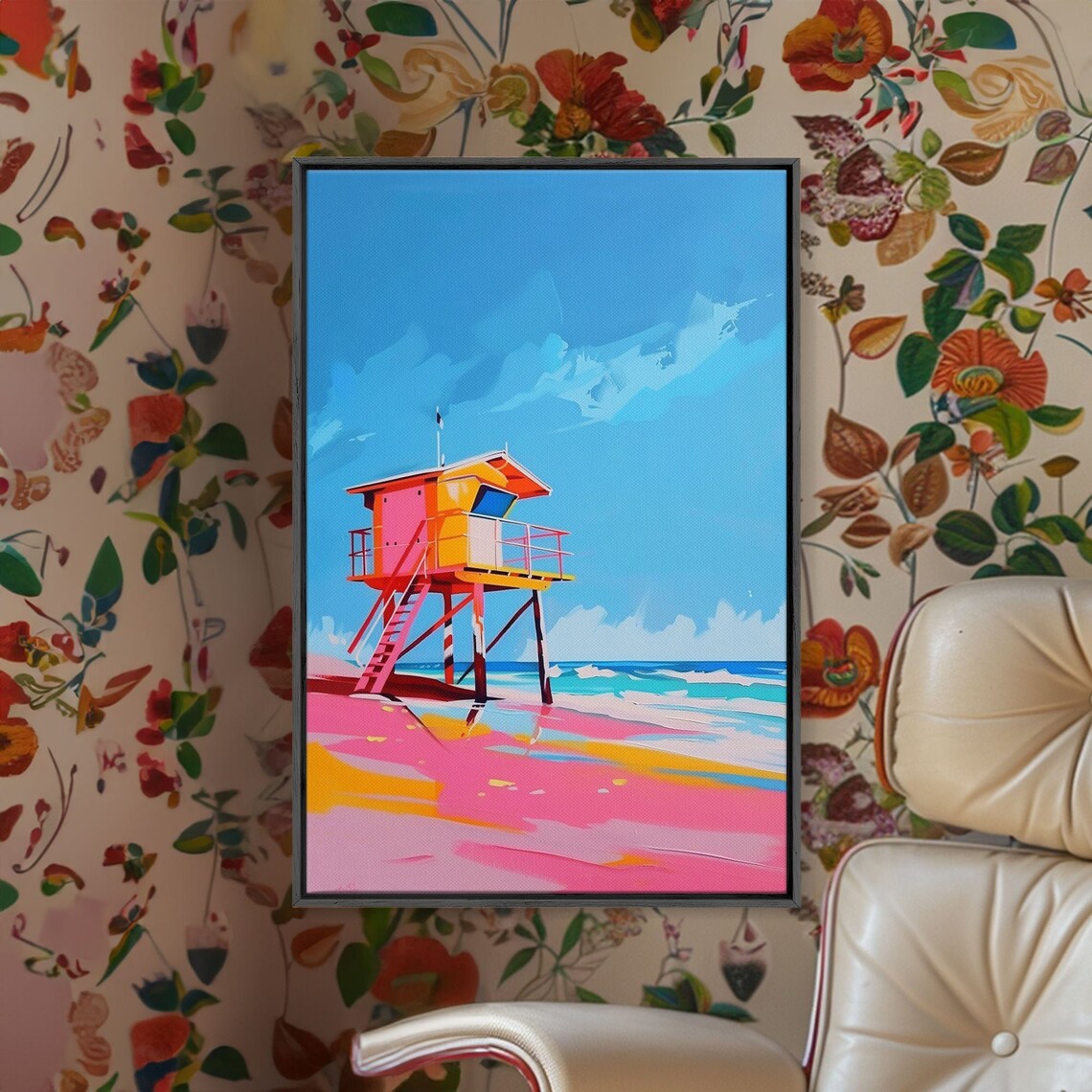 Colorful Lifeguard Tower On Sunny Pink Beach Coastal Wall Art - Image 5