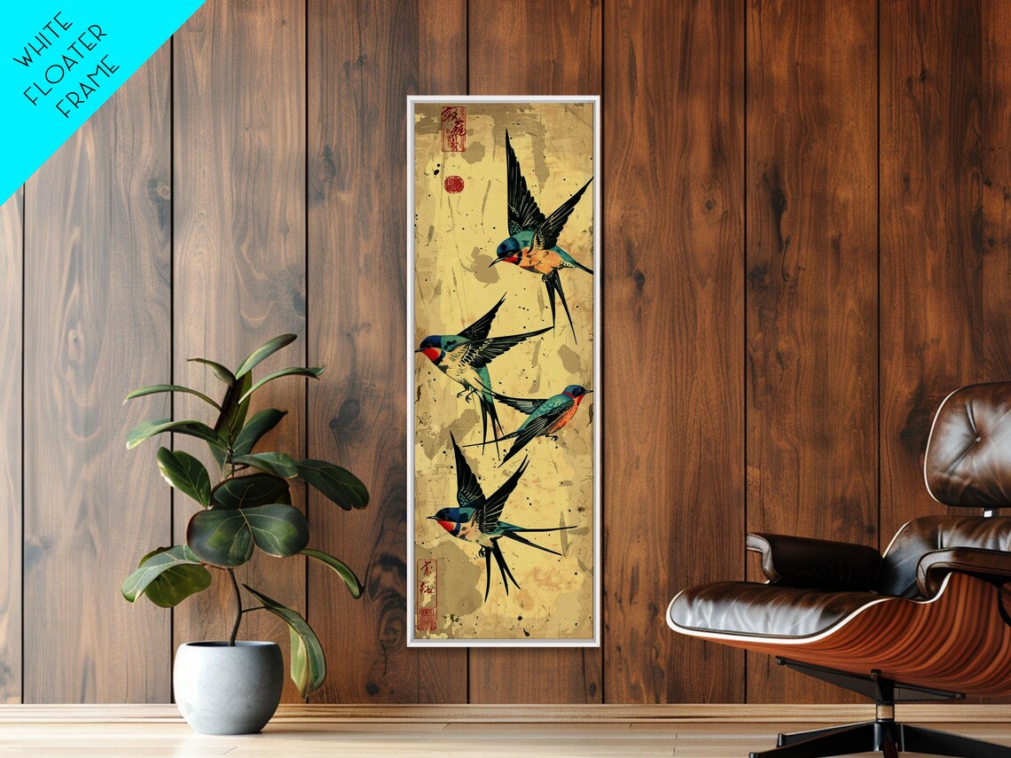 Colorful Swallows In Flight On Aged Gold Japanese Ukiyo E Art Poster - Image 3