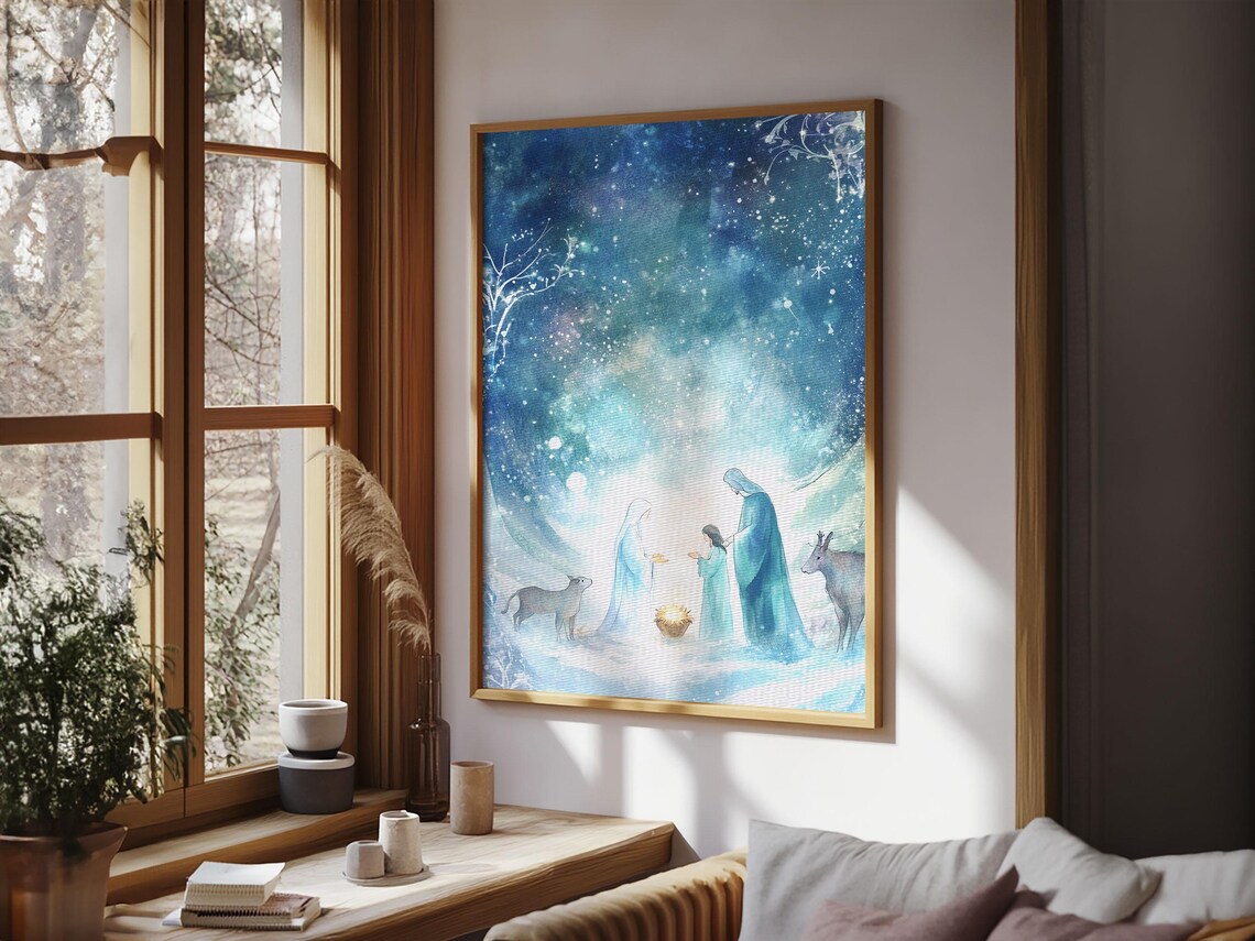 Watercolor Nativity Painting, Rustic Christmas Decor - Image 3