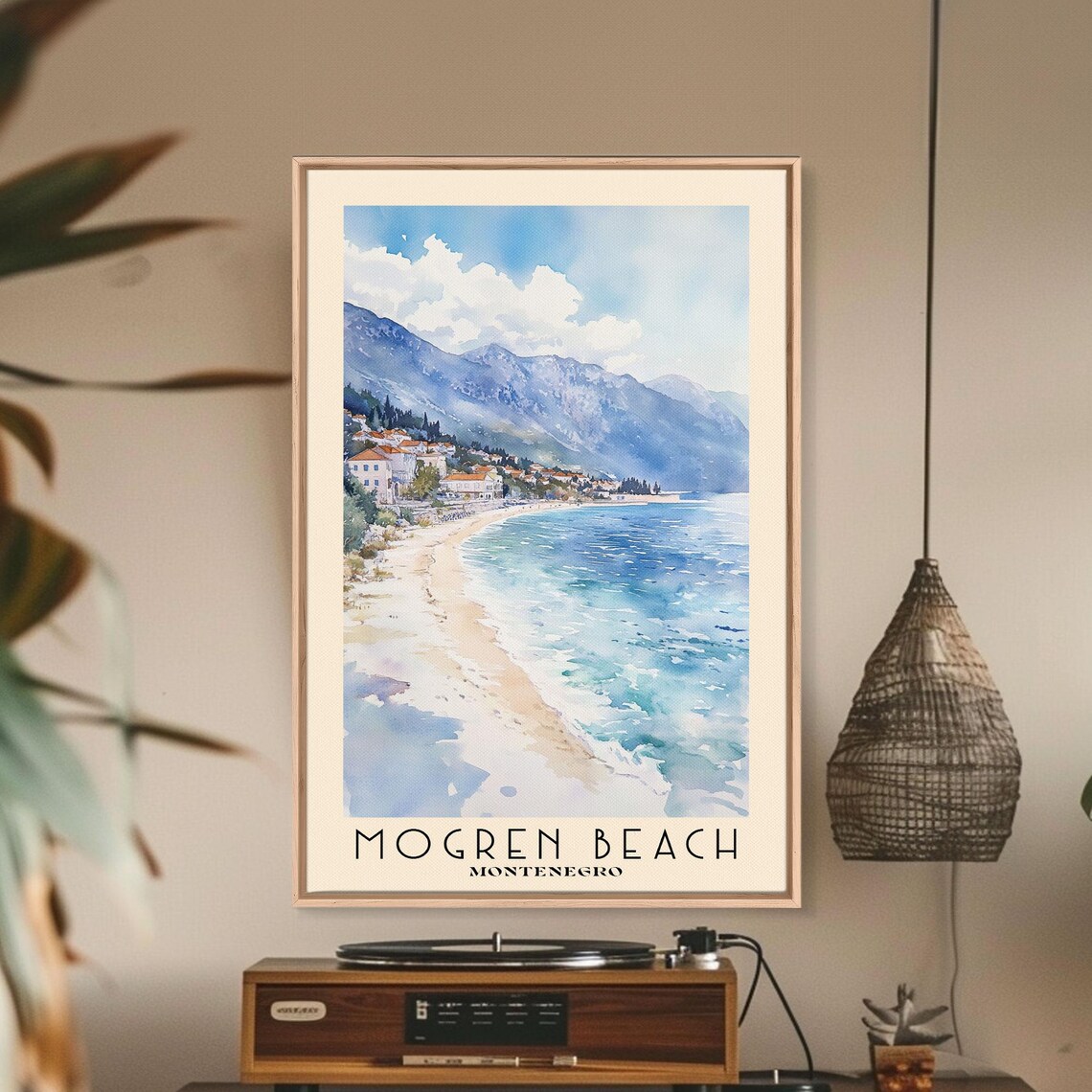 Mogren Beach Montenegro Seaside Town Mountain Bay Watercolor Poster - Image 2
