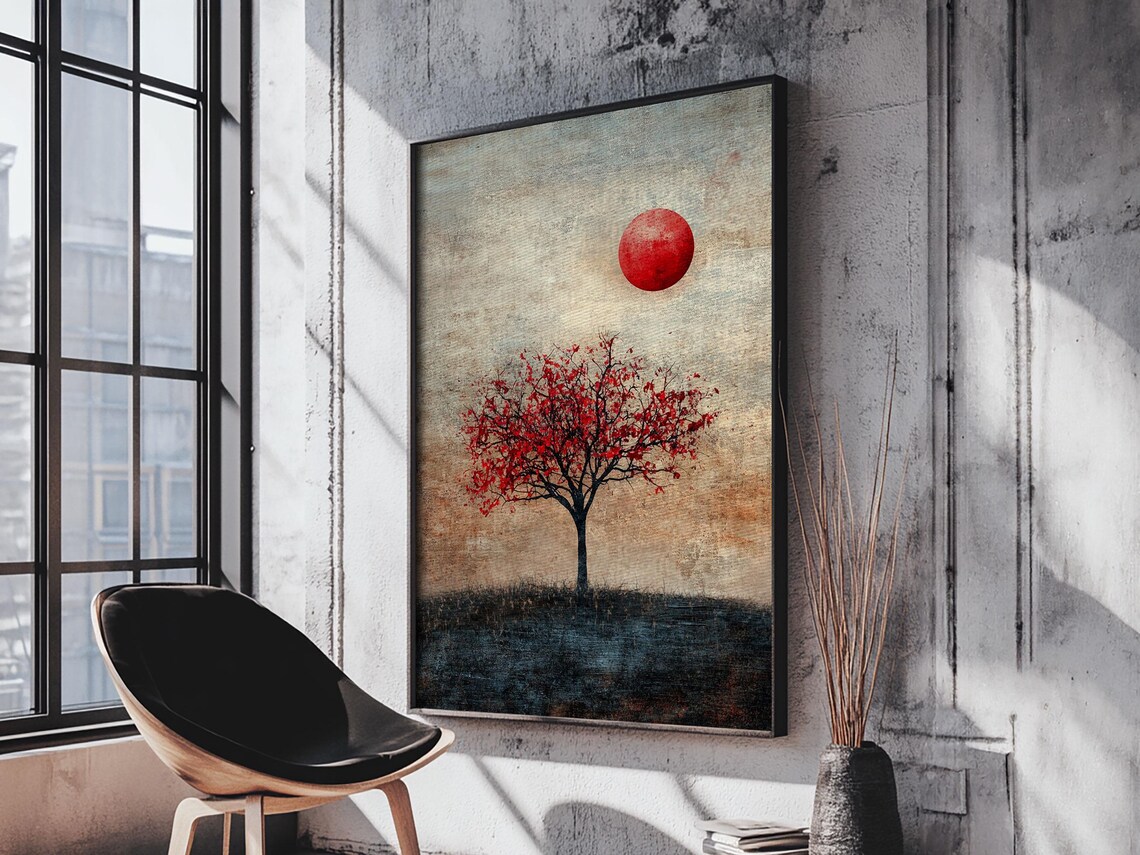 Red Tree Under Red Sun Wabi Sabi Minimalist Zen Landscape Art Poster - Image 5