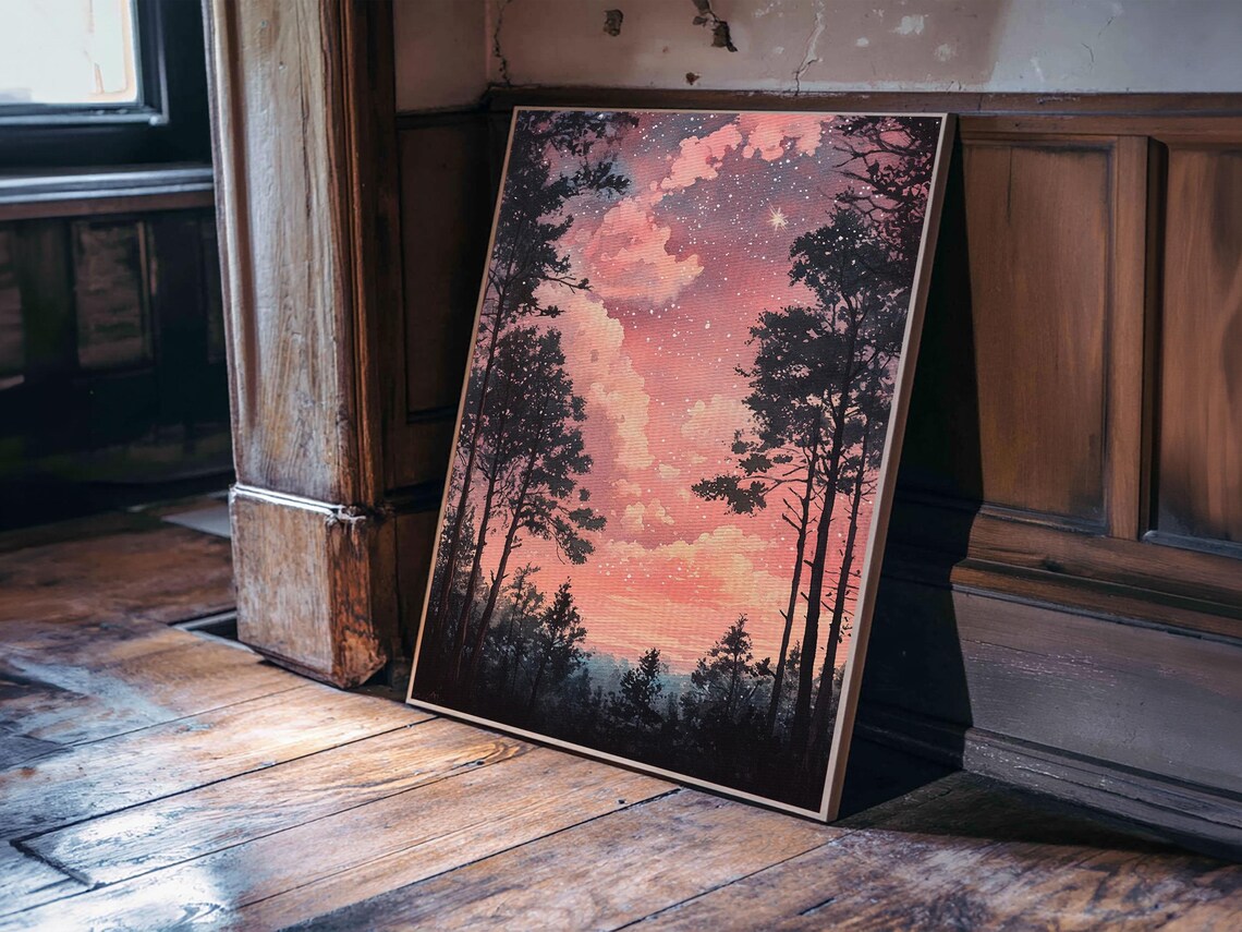 Starry Pink Dusk Sky Pine Forest Silhouette Night Wall Art Poster - Image 6