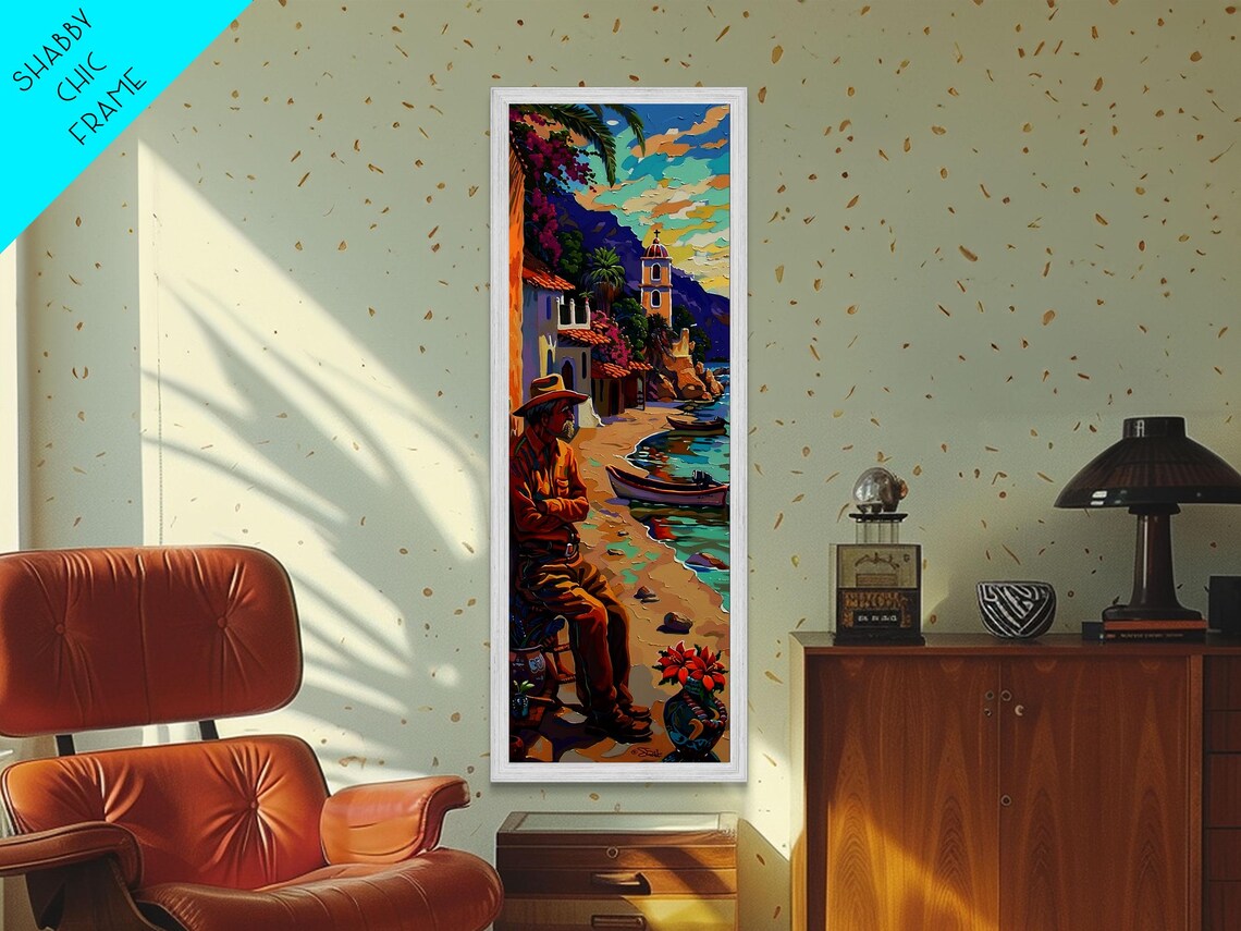 Fisherman On Beach By Coastal Village With Boats Impasto Harbor Poster - Image 5