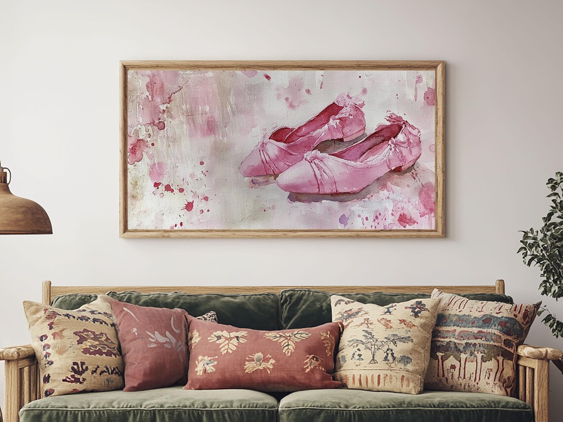 Pink Ballet Slippers Watercolor Satin Dance Shoes Feminine Panoramic Art