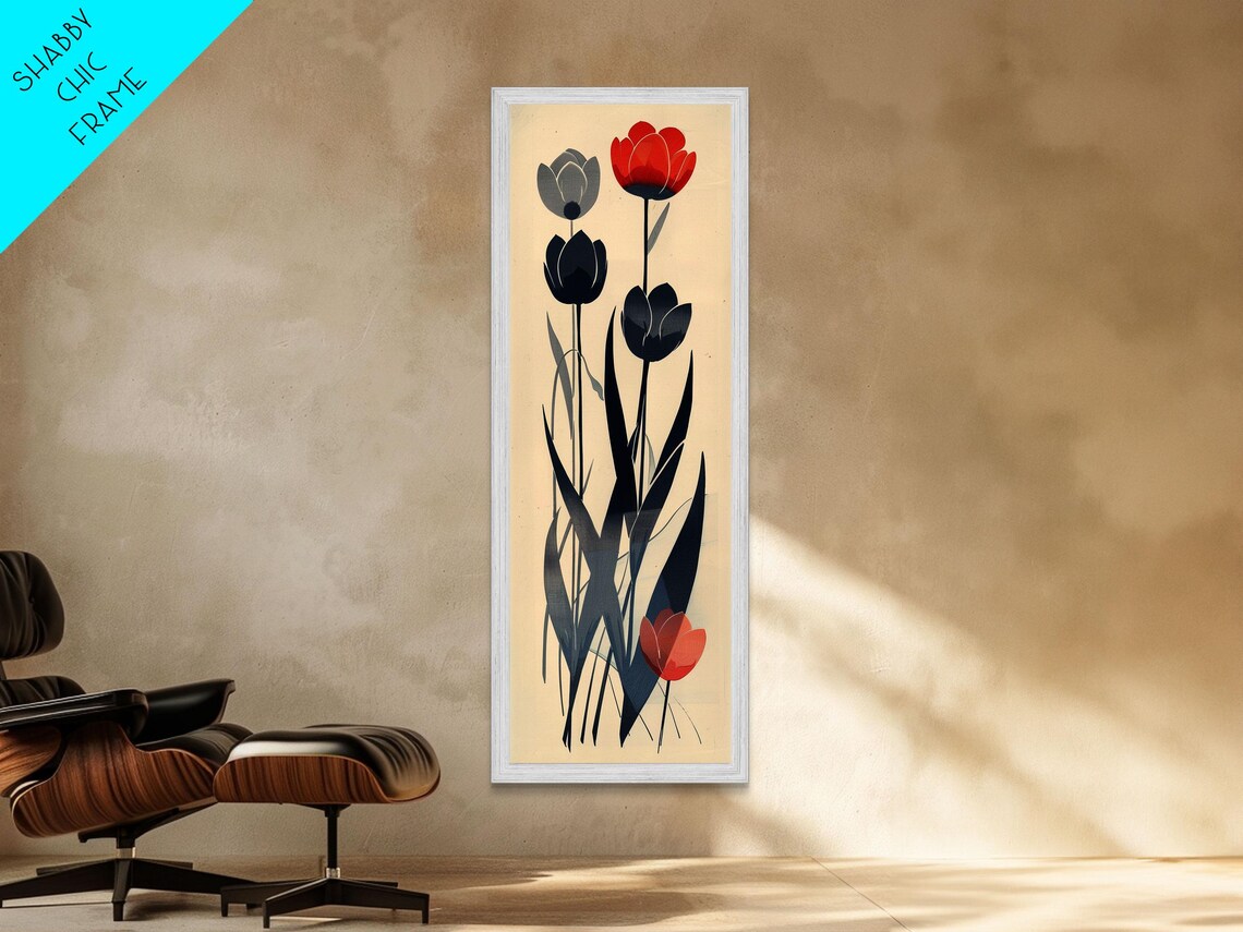 Minimalist Red Black And Gray Tulips On Beige Graphic Art Poster - Image 5