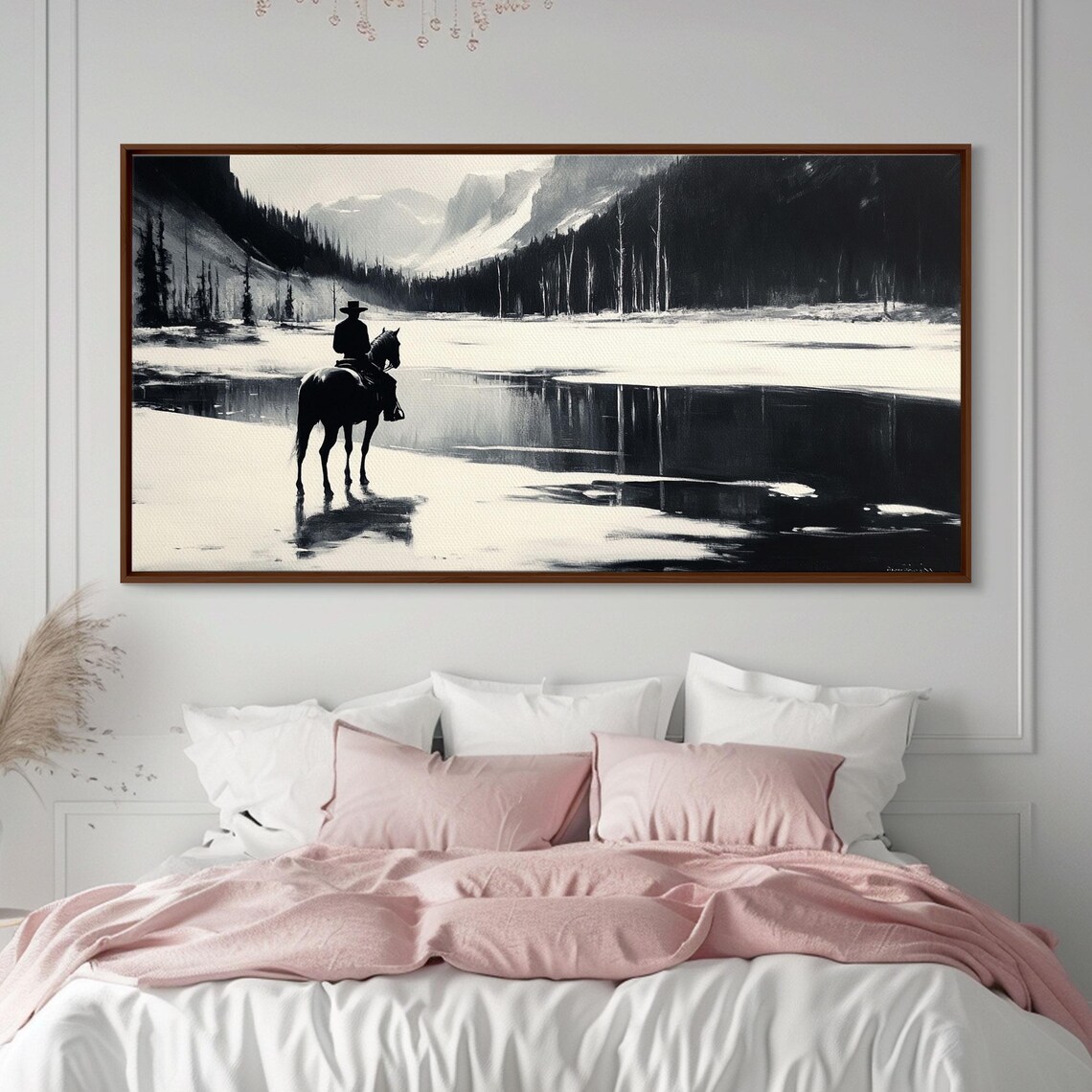 Cowboy On Horseback By A Frozen Mountain Lake Black White Art Print - Image 5