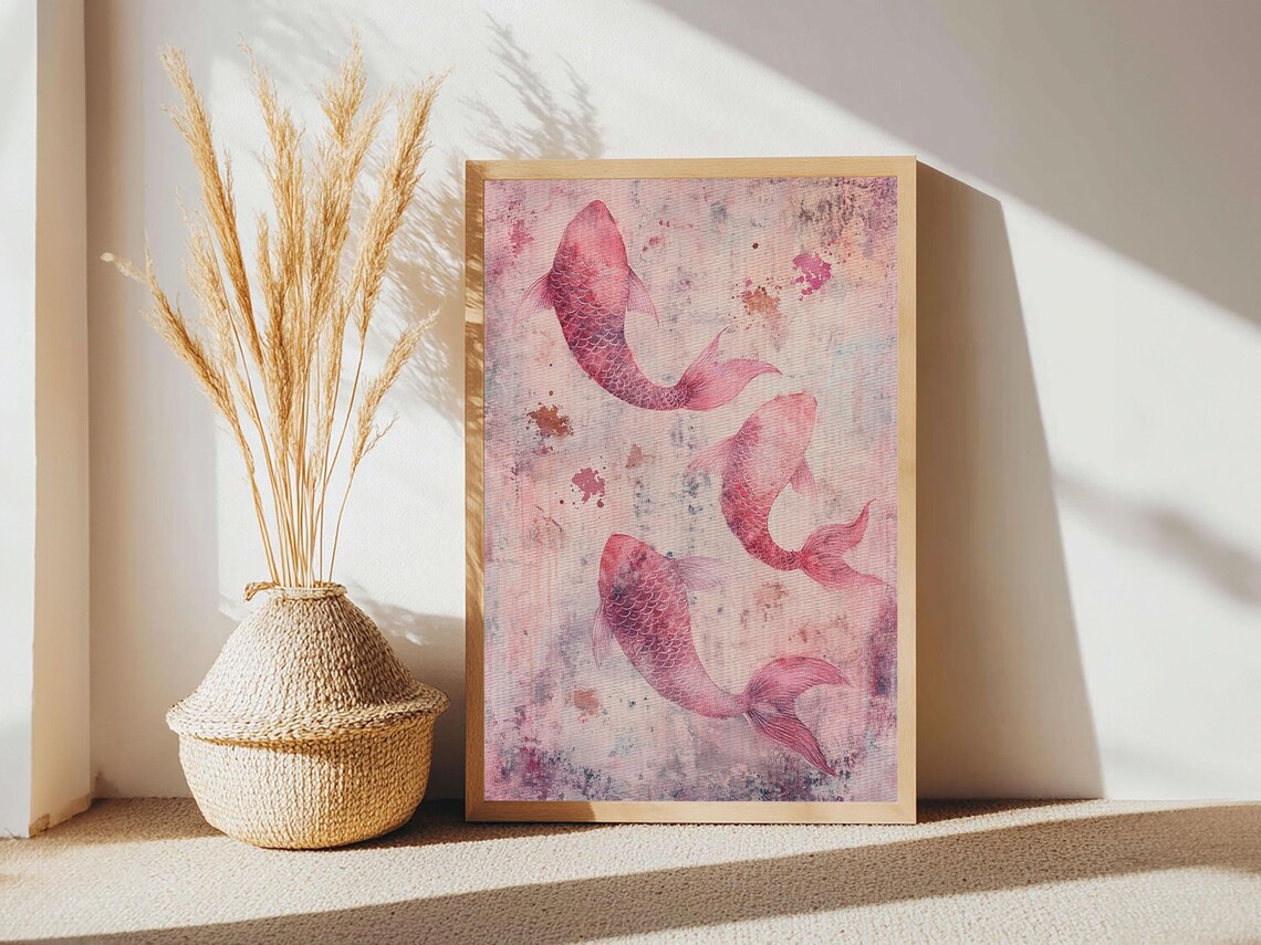 Three Pink Koi Fish Watercolor Artistic Japanese Style Wall Art Print - Image 3