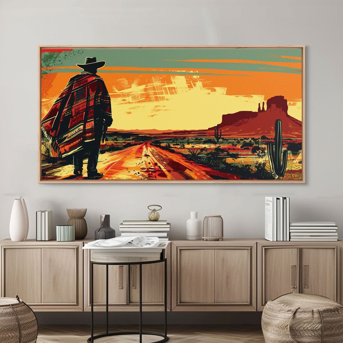 Abstract Cowboy In Desert Sunset Scene Boho Bedroom Art Framed Print Modern Living Room Decoration Rustic Wall Art - Image 3